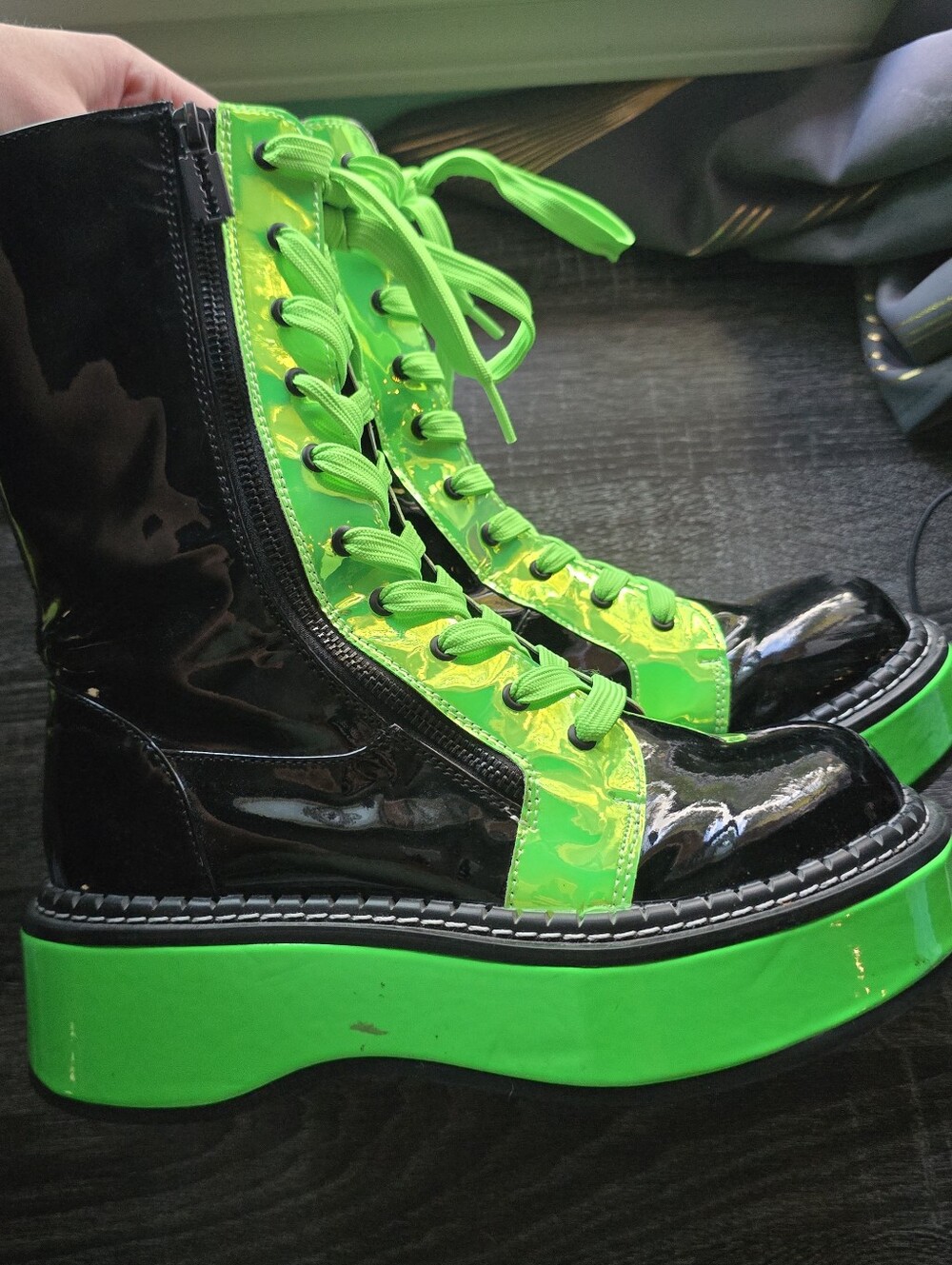 Demonia Emily 350 Neon Green UV Reactive Wrapped Platform Mid-Calf Platforms